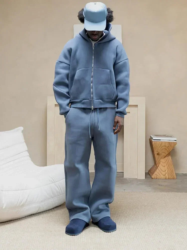 Korean Fashion Solid Color Sweatshirt Fleece Two-Piece Men's Y2K New Harajuku Casual Joker Straight Pants Couple Street Wear