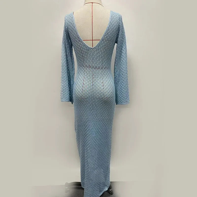 TARUXY Crochet Beach Maxi Dress Women's Sexy Knitted Hollow Bikini Swimsuit Cover-Up Sun Protection Dress See Through Slim Lady