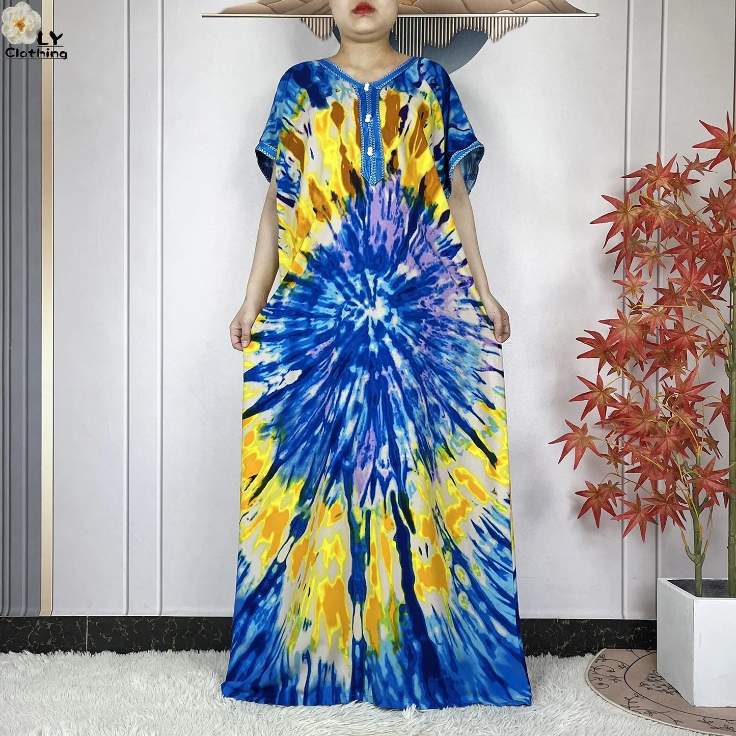 2024 New Style Short Sleeve African Dashiki Tie-dyed Cotton Abaya Caftan Lady Summer Maxi Islam Casual Dresses With Big Scarf
