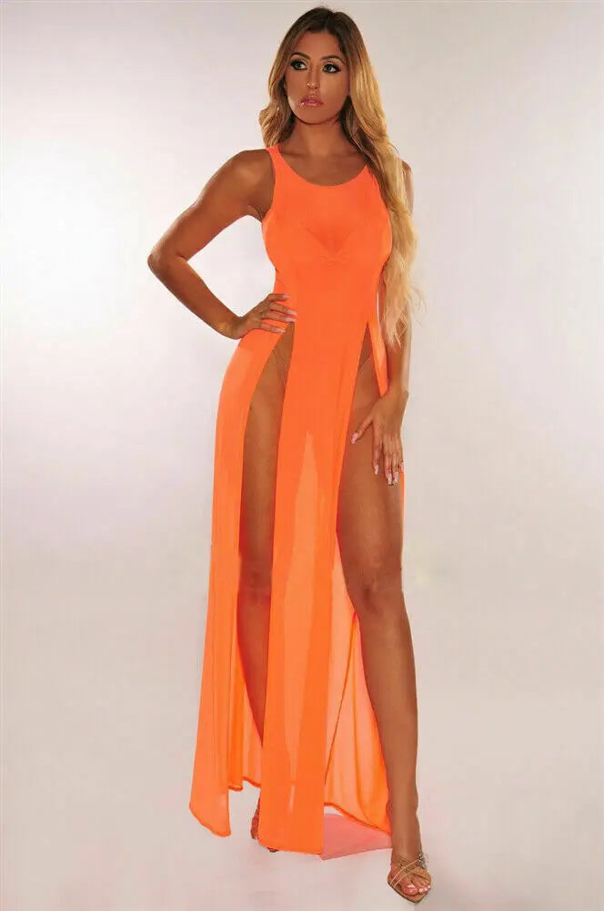 Lace O Mesh Neck Maxi Dress Mesh Lace Thin Transparent Sexy Women Slit Long Dress Elegant Women Fashion Sexy Women 7L7G