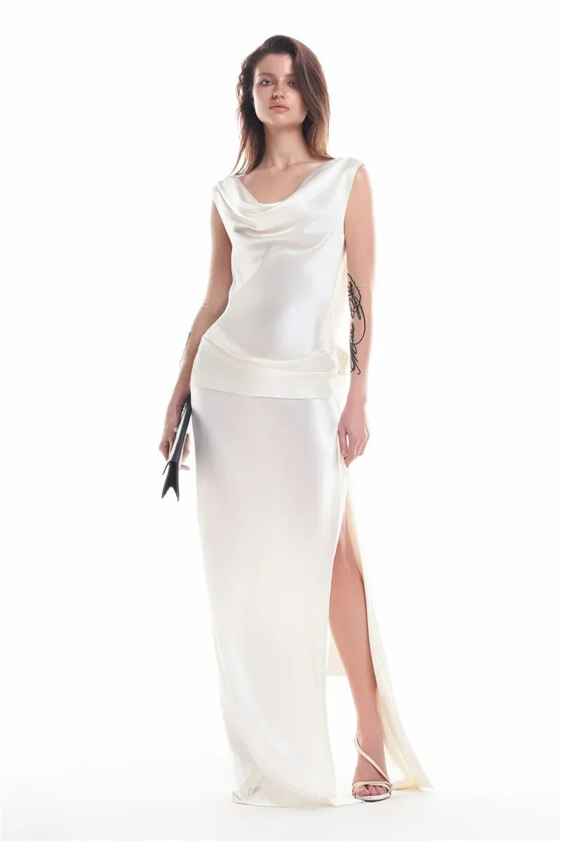 2025 Satin Backless Sexy Long Dress for Women Elegant Rose Thigh High Waist Beach Holiday Gorgeous Club