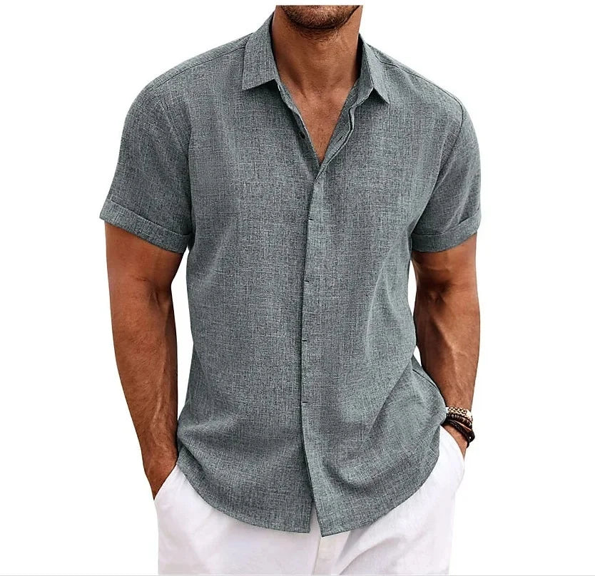 High Quality Cotton Linen Double Placket Men's Cardigan Short Sleeves Summer Home Use Lapel Shirt Cross-Border Style