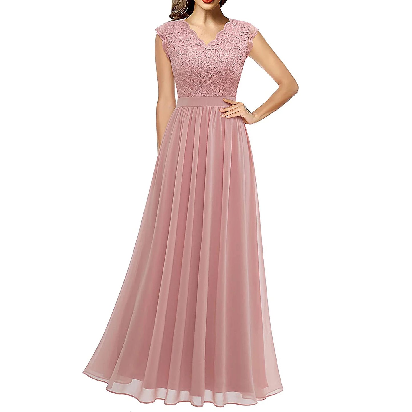 Elegant Women's Party Bridesmaid Long Dress Lace Patchwork Chiffon Sleeveless Wedding V Neck One Piece Formal Party Midi Dress