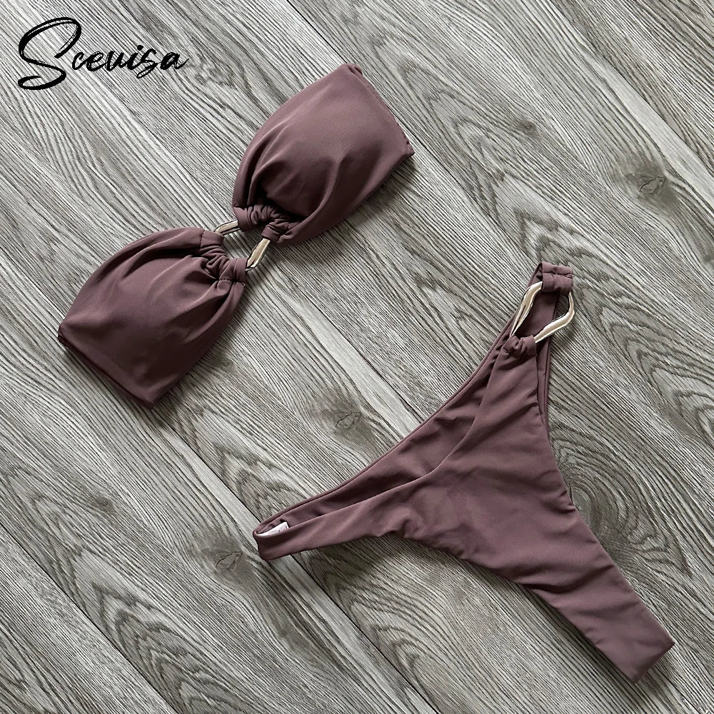 2024 New Sexy Bandeau Bikini Women Swimsuit Female Swimwear High Cut Set Swimming Suit Beachwear Patchwork Brazilian biquini