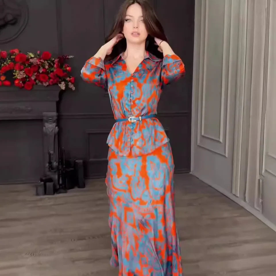 European and American Summer New Long Dress for Women. Fashionable Printed, Slim-fitting Retro Skirt and A Casual Dress Set.