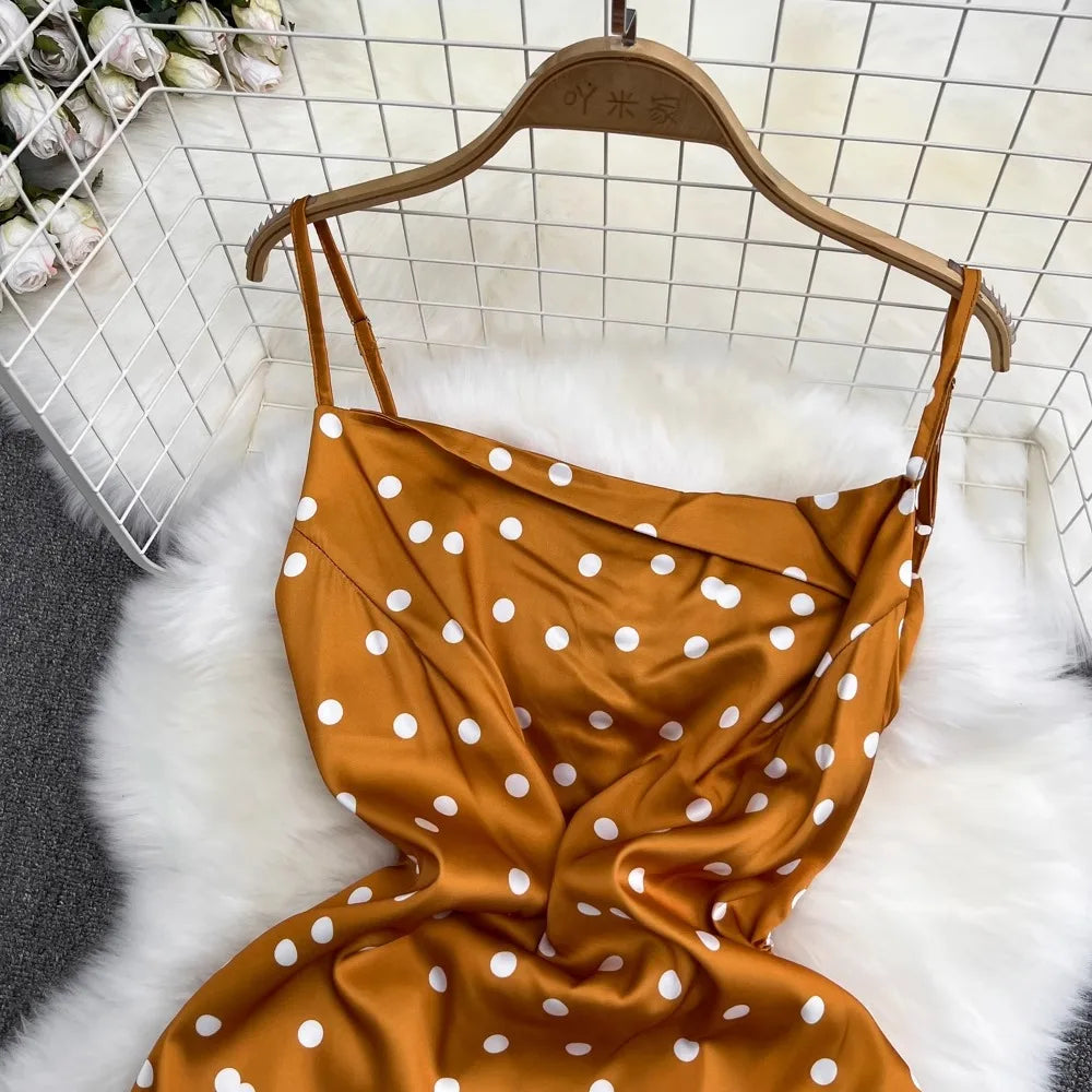 YuooMuoo Chic Polka Dot Camisole Dress for Women 2024 Summer Sexy High Split Drawstring Vacation Beach Long Dress Party Vestidos