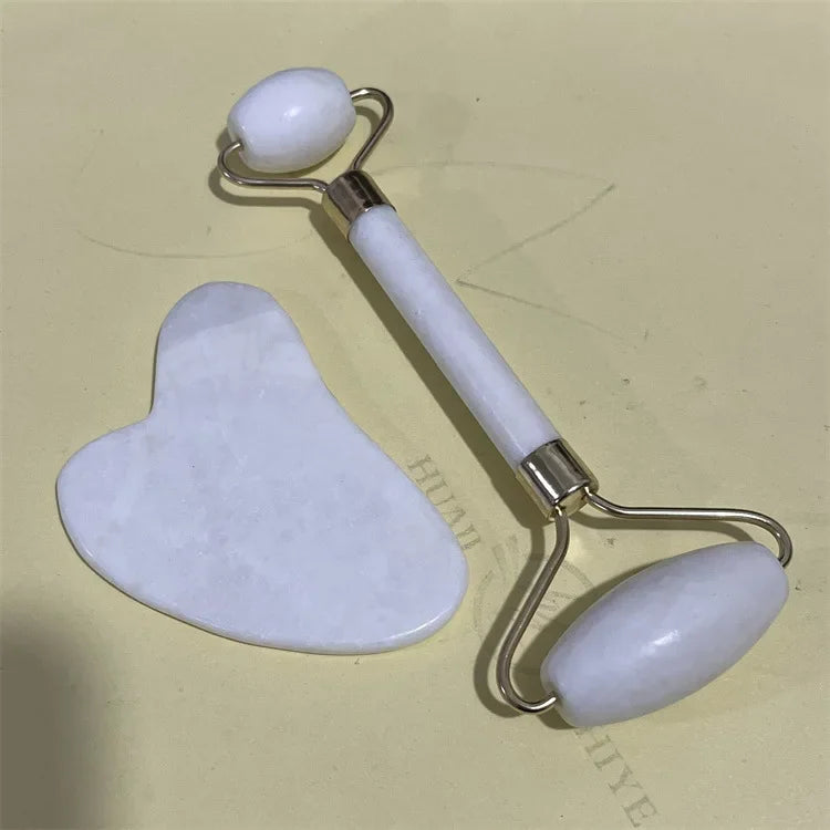 Natural Jade Double Head Roller Health Beauty Treatment Device Scraping Board Set Xiuyan Face Massager To Lift Remove Wrinkles