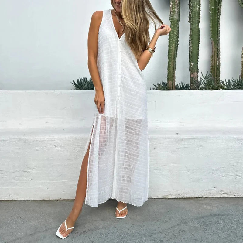 Casual V Neck Button Lace Party Dresses Woman Spring Solid Split Pleated Long Dress Summer Sleeveless Hollow Holiday Beach Dress