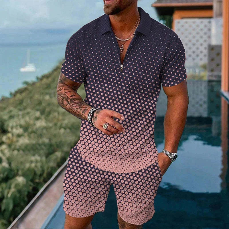 Solid Color Gradient Print Men's Sweatsuit Set Summer Casual Zipper Polo Shirt And Shorts 2pcs Sets Trend Man Pullover Clothing