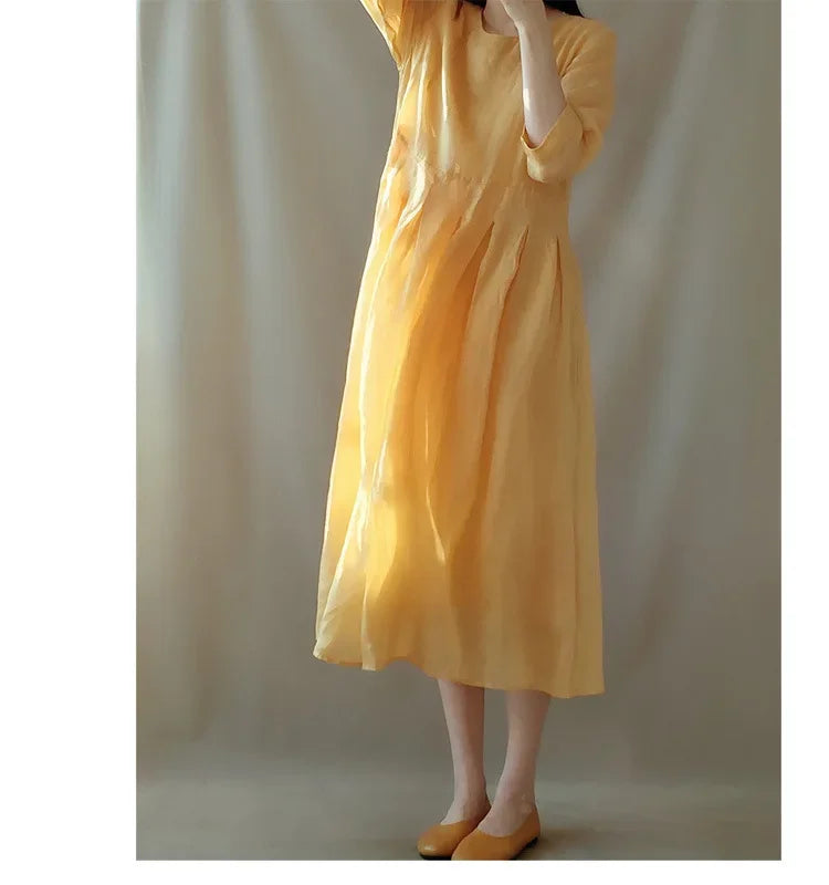 In-stock Korean Lightweight Elegant Dress Artistic Vintage Loose-fit Travel Vacation Long Dress Cotton Linen Women's Clothing