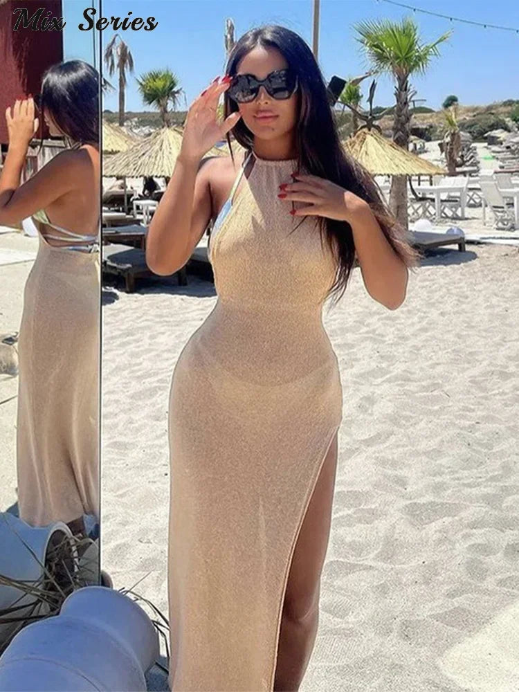 Sexy Knit Lace-up Split Long Dress Women Solid Halter Cover Up See Through Bodycon Dresses 2024 Summer Lady Chic Beach Robes
