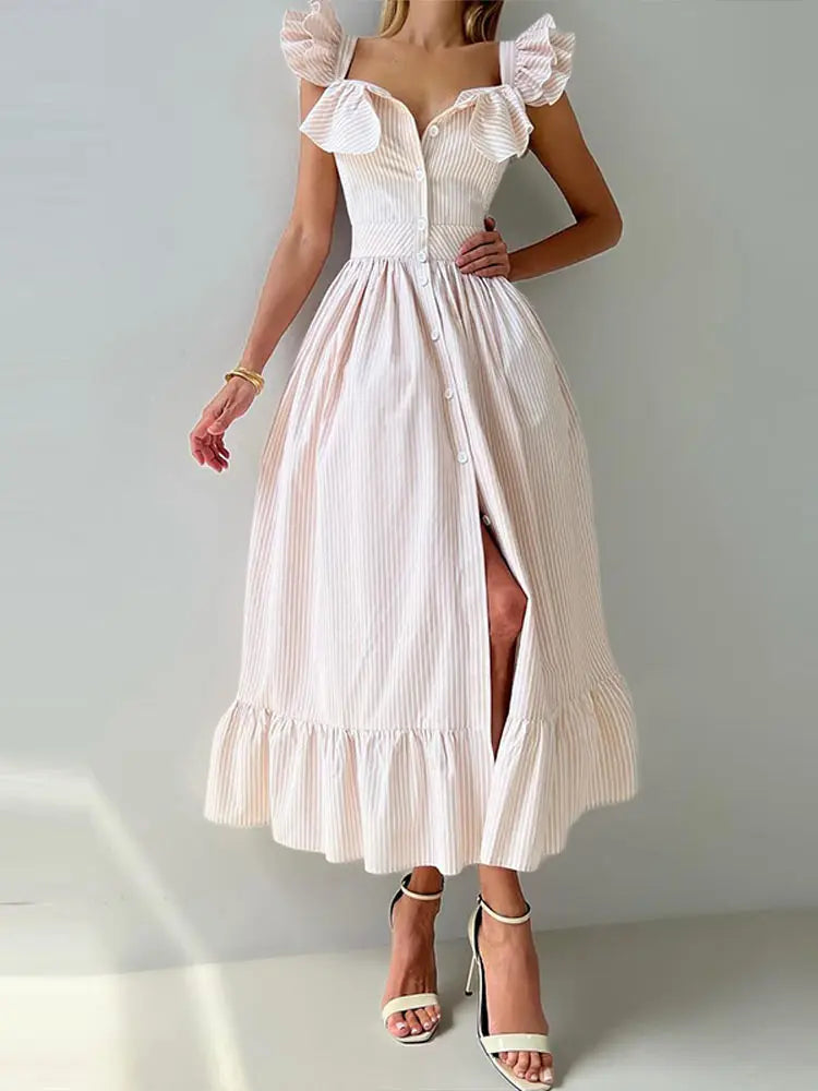 Flying Sleeve Ruffle Striped Slip Long Dress Women Elegant Square Collar Waist Cinching Pleat Party Dresses Chic Ladies Vestido