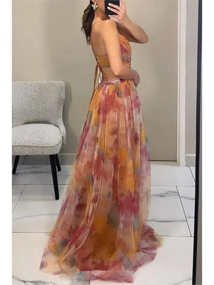 Color Mesh Spaghetti Strap Dresses Women Fashion Sexy V-neck Backless Leace-up Party Club Long Dress Female Evening Vestidos New