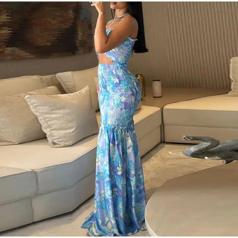 Printed Strap Pleated Long Dress Women Backless Off Shoulder Patchwork Ruffle Summer 2025 Dresses Party Vacation Chic Sexy Robe