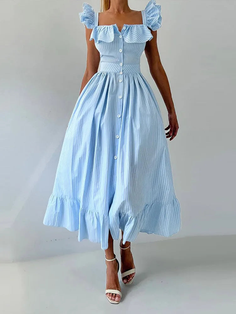 Flying Sleeve Ruffle Striped Slip Long Dress Women Elegant Square Collar Waist Cinching Pleat Party Dresses Chic Ladies Vestido