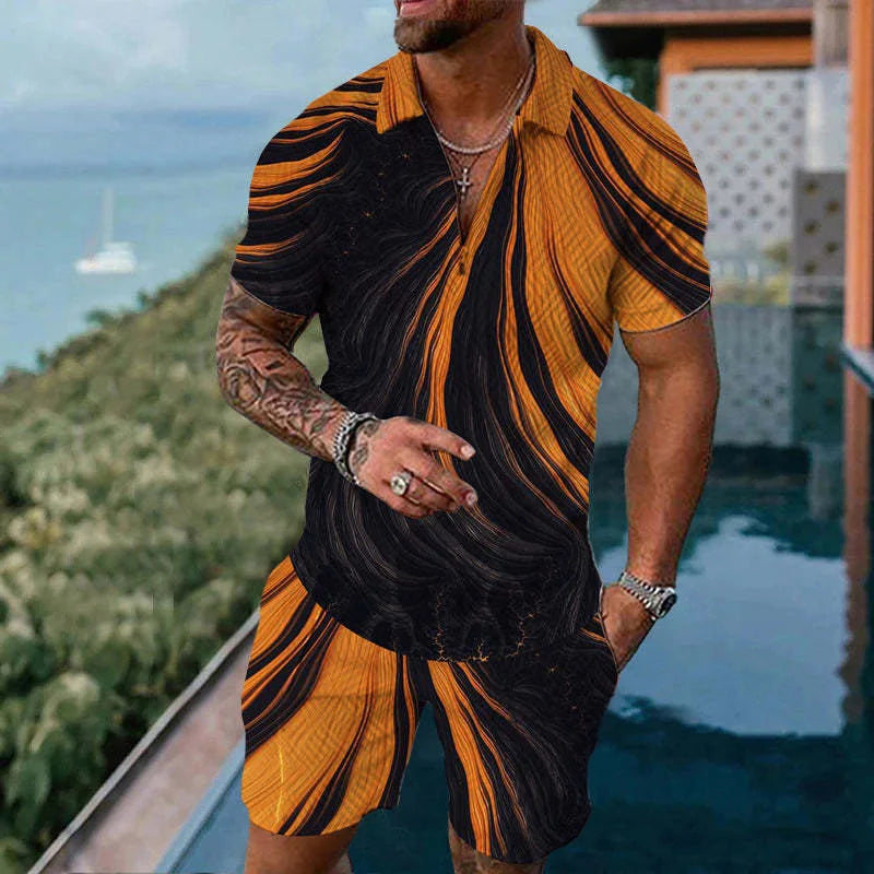 Solid Color Gradient Print Men's Sweatsuit Set Summer Casual Zipper Polo Shirt And Shorts 2pcs Sets Trend Man Pullover Clothing