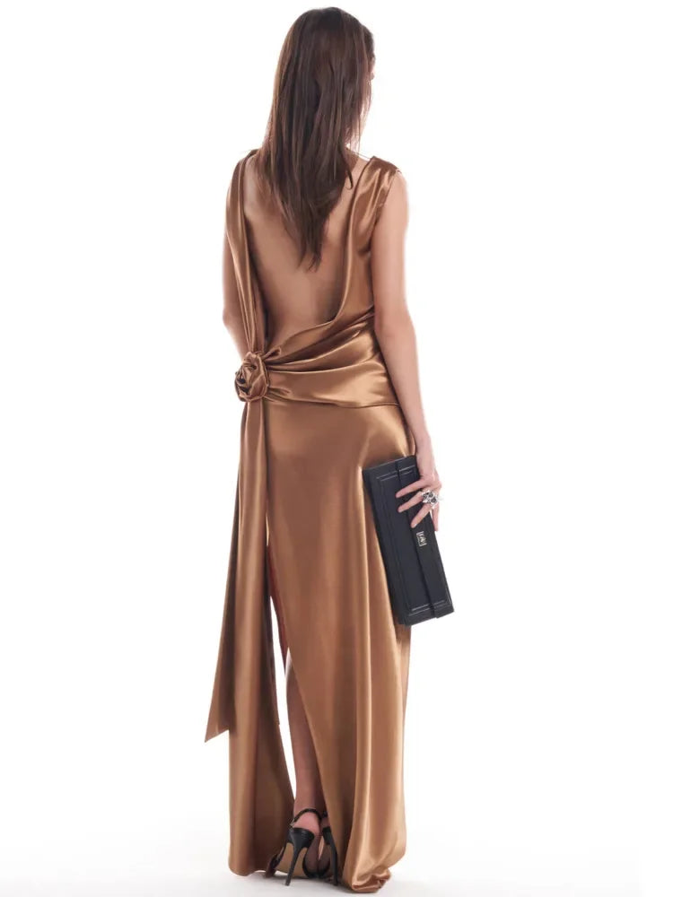 2025 Satin Backless Sexy Long Dress for Women Elegant Rose Thigh High Waist Beach Holiday Gorgeous Club