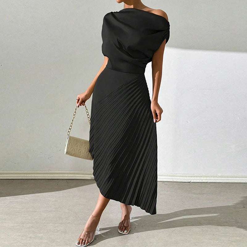 2024 Sexy Irregular Slim Club Party Dress Spring Summer Satin Solid Color Women's Dress Casual Short Sleeved Pleated Long Dress