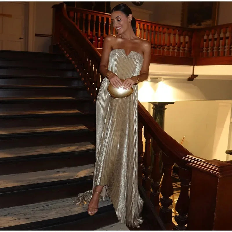 Elegant Pleat Long Dress Women Loose Tube Top Shiny Backless Sleeveless Dresses Female 2025 Summer Lady Party Evening Robes