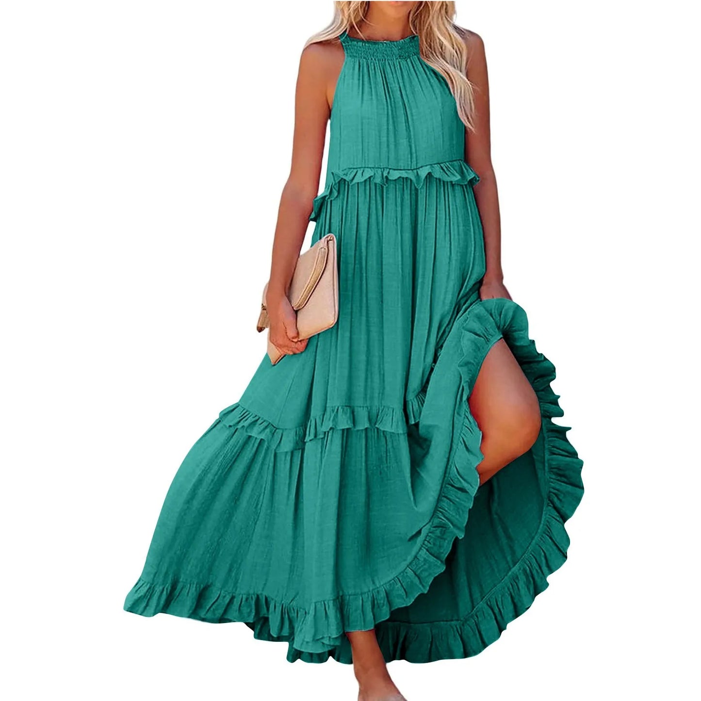 Women's Ruffled hem layered long dresses Summer Sleeveless backless dress Fashion Long Dress Big Swing Beach Dress vestidos