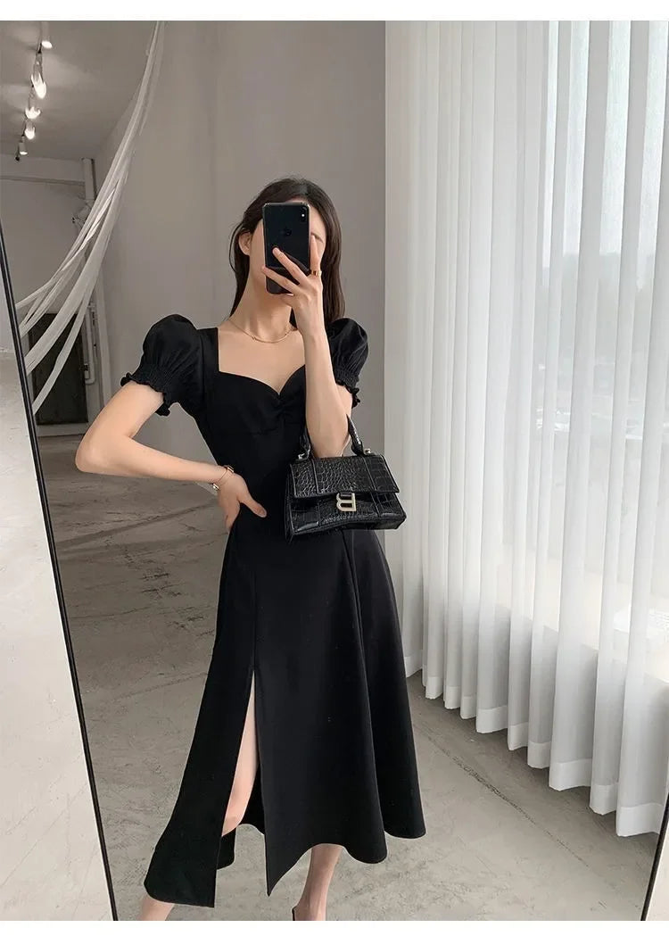 Sweet Vintage French Style Women's Long Dress Summer Hot Sale Of The Season New Bubble Sleeve Square Collar A- Line Split Skirt