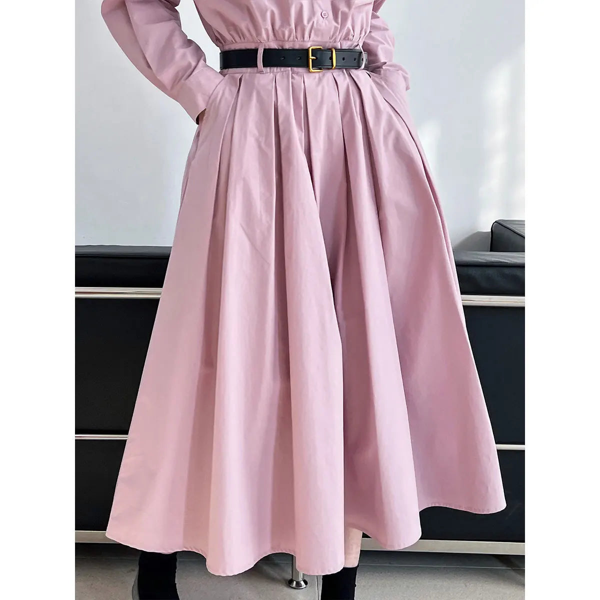 Polo‘s Collar Shirt Dress Women Spring Slimming Long Dress With A Cinched Waist Blue / Pink