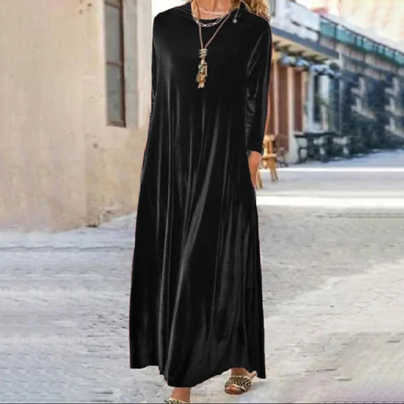 Spring and Summer New Gold Velvet European and American Slim Style Round Neck Long Dress