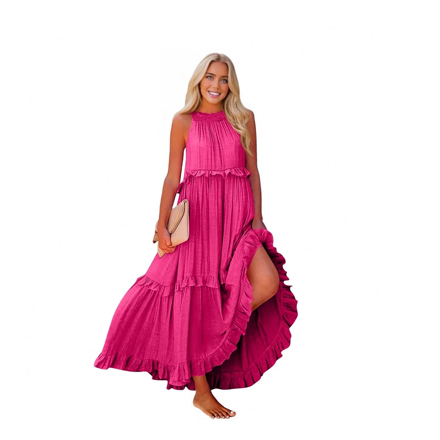 Women's Ruffled hem layered long dresses Summer Sleeveless backless dress Fashion Long Dress Big Swing Beach Dress vestidos