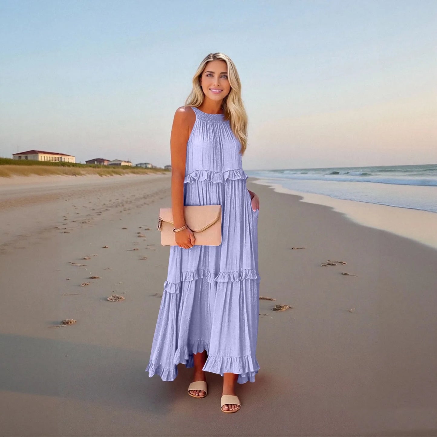 Women's Ruffled hem layered long dresses Summer Sleeveless backless dress Fashion Long Dress Big Swing Beach Dress vestidos
