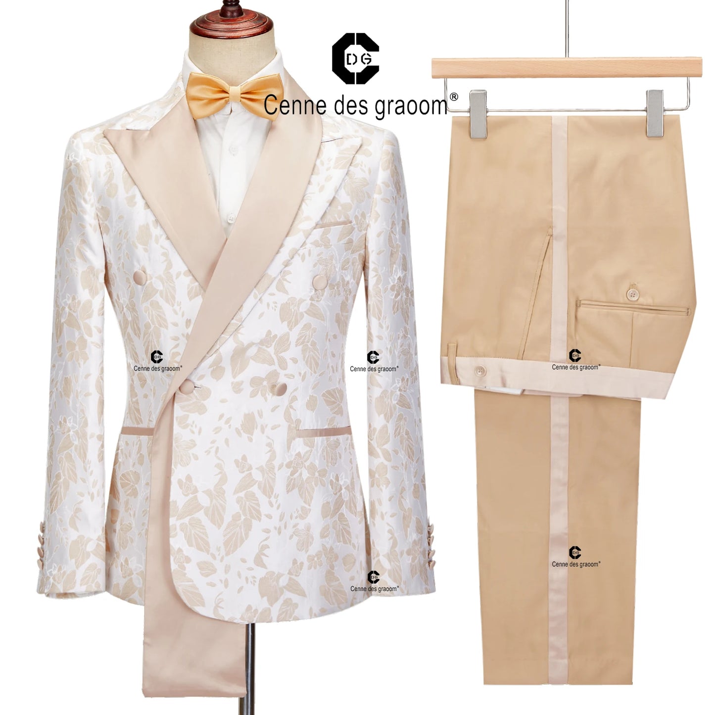 Cenne Des Graoom 2024 New Double-breasted Tuxedo Suits for Men Floral Paisley Jacquard Blazers Pants Wedding Party Wear Prom 