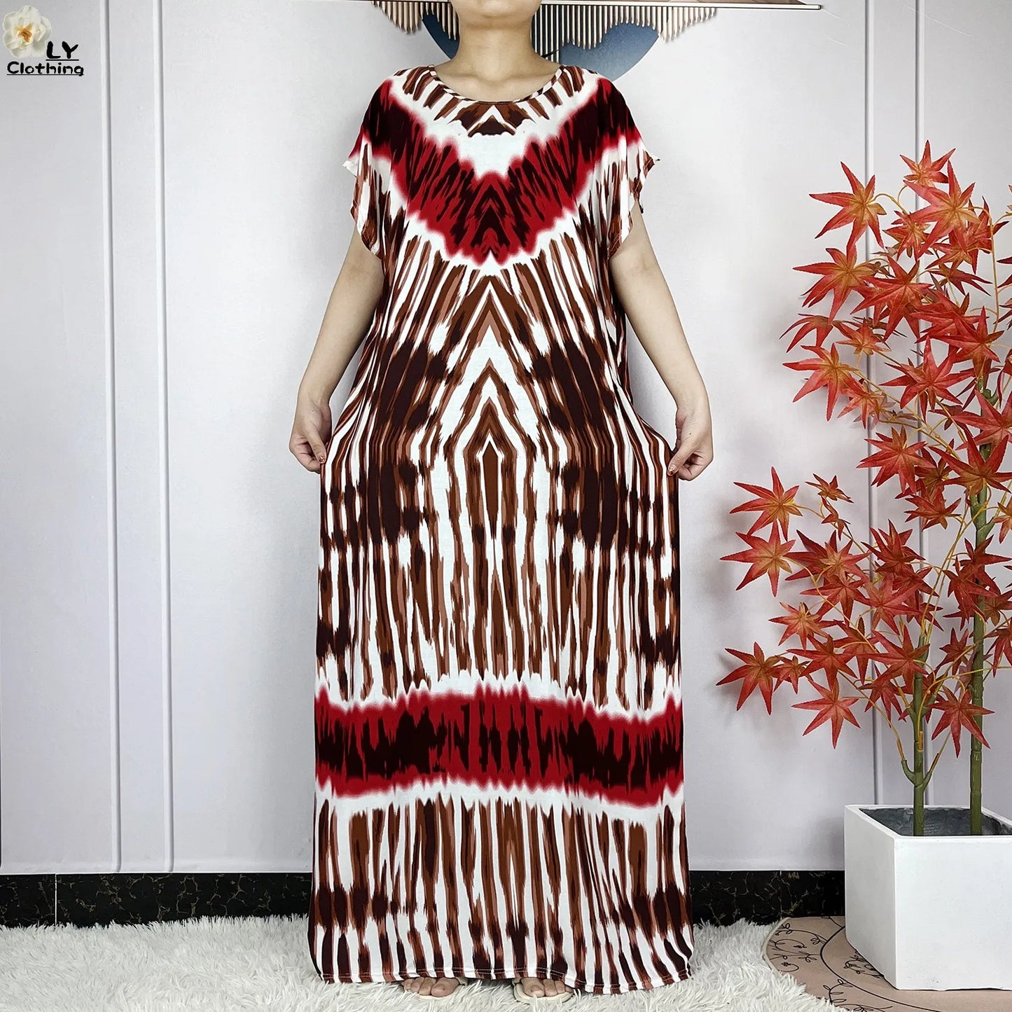 2024 New Style Short Sleeve African Dashiki Tie-dyed Cotton Abaya Caftan Lady Summer Maxi Islam Casual Dresses With Big Scarf