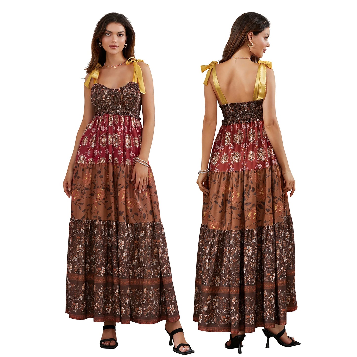 Combhasaki Women's Y2K Vintage Floral Print Ribbon Tie-Up Shoulder Straps Sleeveless V-Neck Summer Big Swing A-line Long Dress