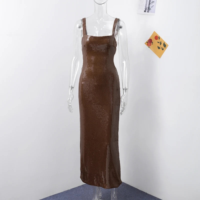 Sexy Square Neck Sling Long Dress Women Slim Sleeveless Backless Hollow Out Maxi Dresses 2025 Lady Party Christmas Gowns