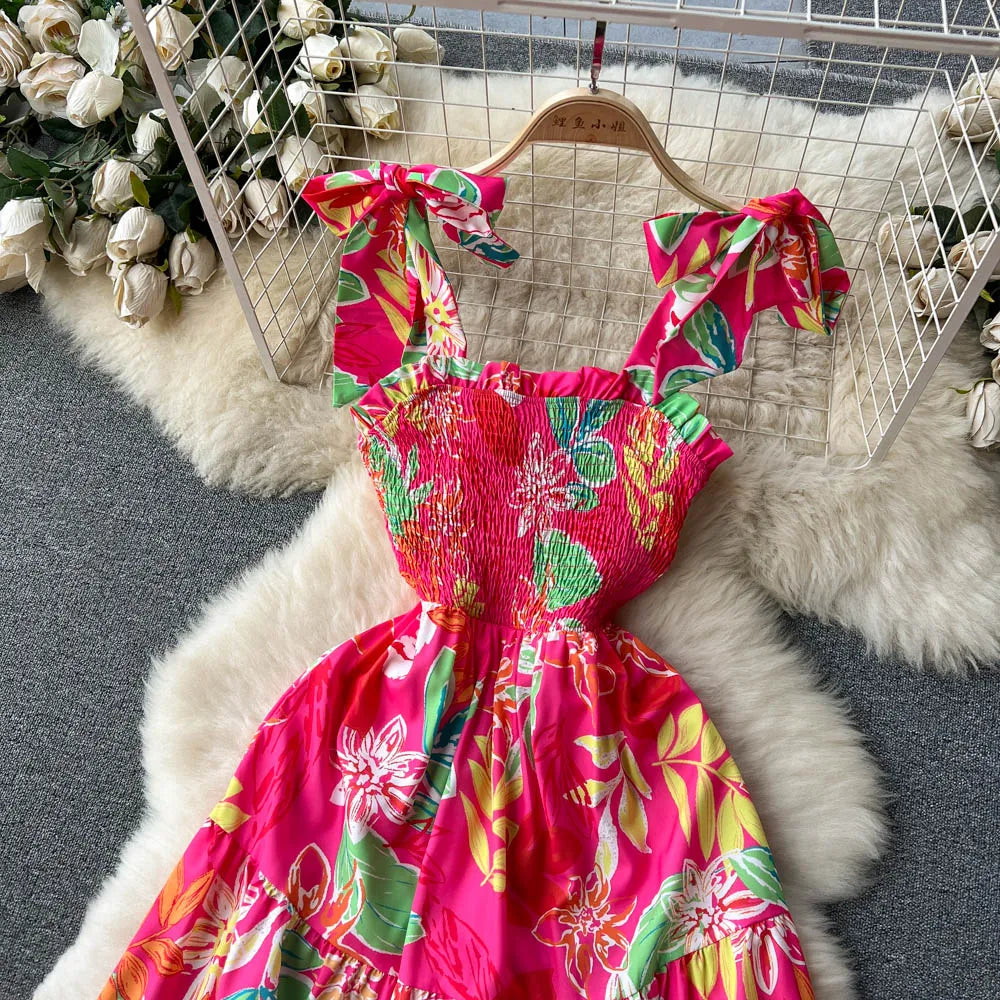 SINGREINY Summer Vacation Spaghetti Strap Long Dress Women Sleeveless Ruched Elastic Backless Dress Floral Print Beach Sundress
