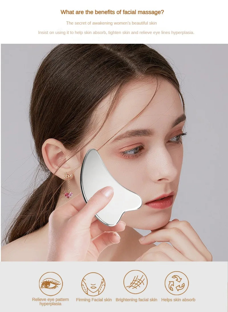 Facial Stainless Steel Scraper Massage Mushroom Gua Sha Tool Face Lift Anti-Aging Skin Tightening Cooling Metal Reduce Puffiness