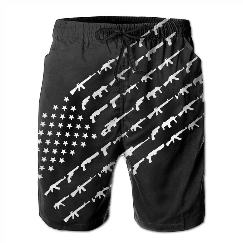 American Flag Gun Weapons Hawaii 3D Printing Hip Hop Board Shorts Summer Swimsuit Surf Swim Trunks Big Size Swimwear Men Beach
