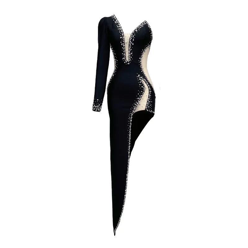 Factory Wholesale Women's Black Diamond Strapless High-End Luxury Sexy Celebrity Cocktail Party Bandage Long Dress
