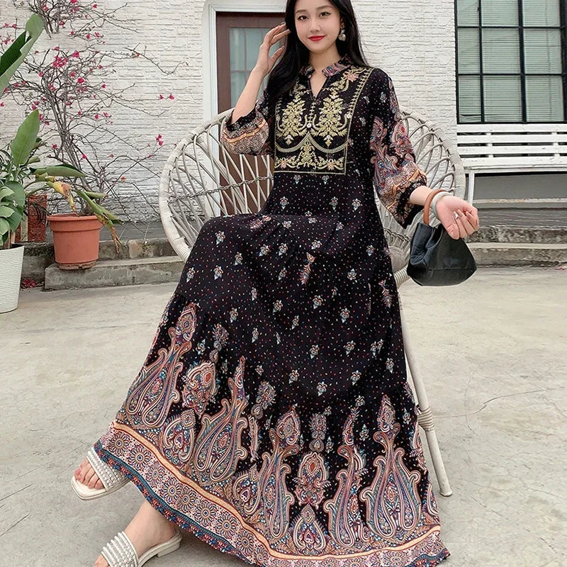 Summer Autumn Robe Maxi Long Dress Women Indian Clothes Boho Cotton Print Floral Boho Korean Style Fashion Casual Vestido Largos