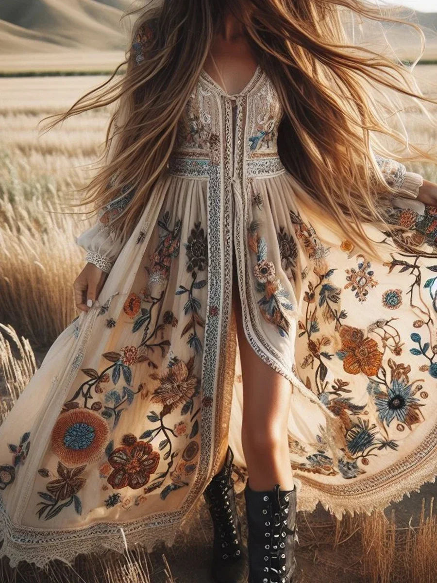 Luxury Elegant Lace Patchwork Boho Women's Long Dress Flower Plants Pattern V Neck Lantern Sleeve Woman's Long Dress for Spring