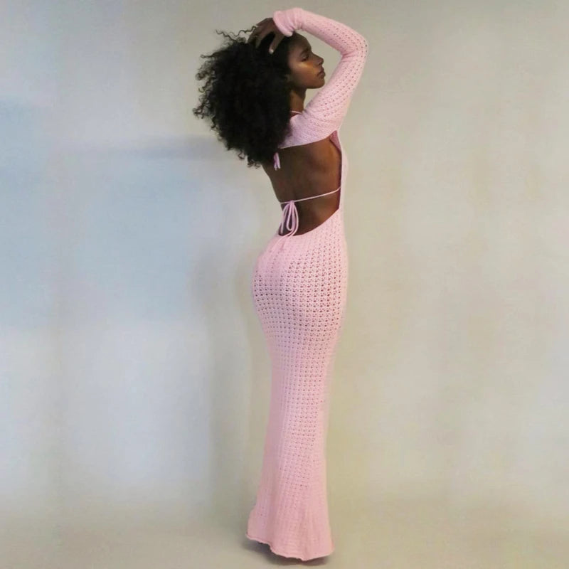 Hawthaw Women 2023 Autumn Winter Long Sleeve Streetwear Knitted Vacation Bodycon Pink Long Dress Wholesale Items For Business