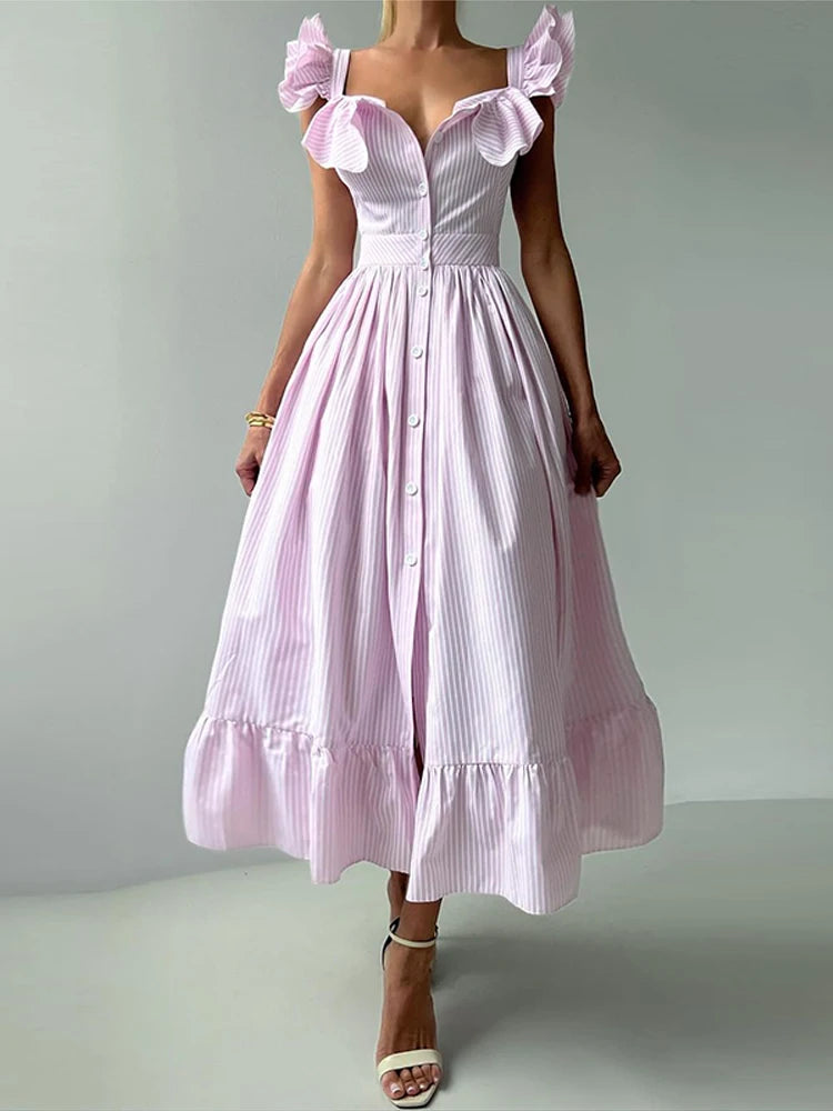 Flying Sleeve Ruffle Striped Slip Long Dress Women Elegant Square Collar Waist Cinching Pleat Party Dresses Chic Ladies Vestido