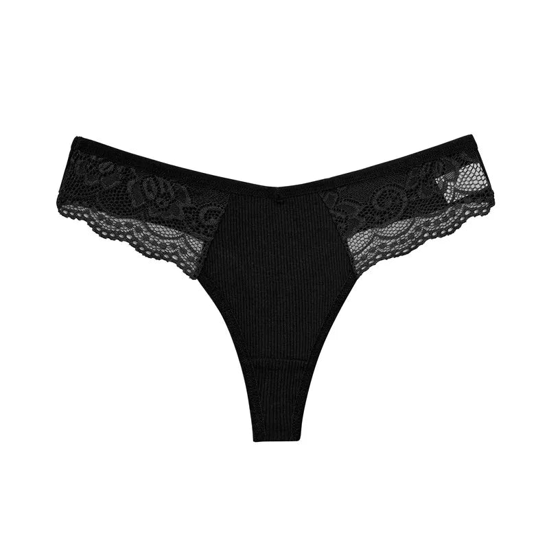 FINETOO 8Pcs Women's Cotton Underwear Lace Thongs Sexy Solid Color Low Waist Bikini Panties Ladies Breathable G-string Lingerie