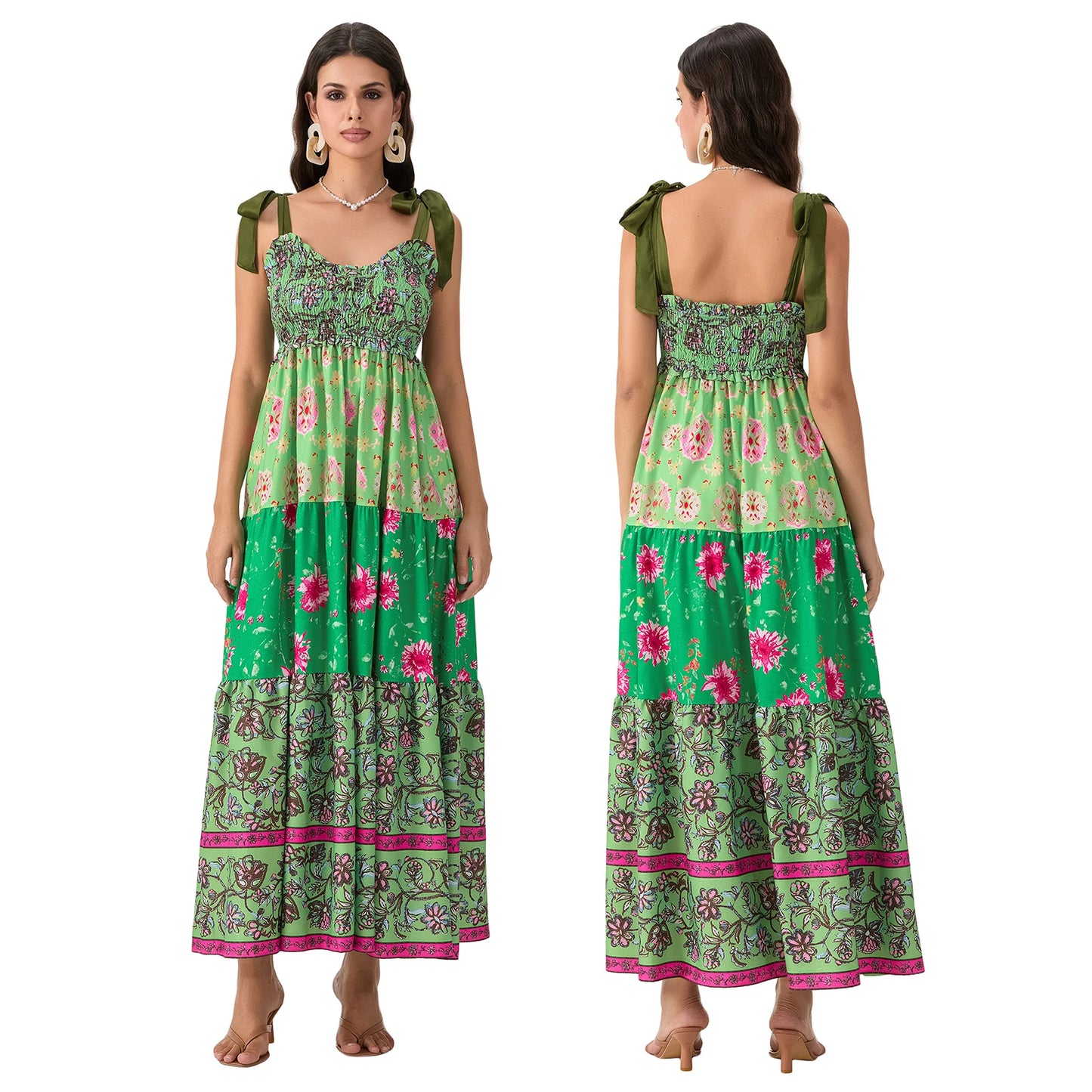 Combhasaki Women's Y2K Vintage Floral Print Ribbon Tie-Up Shoulder Straps Sleeveless V-Neck Summer Big Swing A-line Long Dress