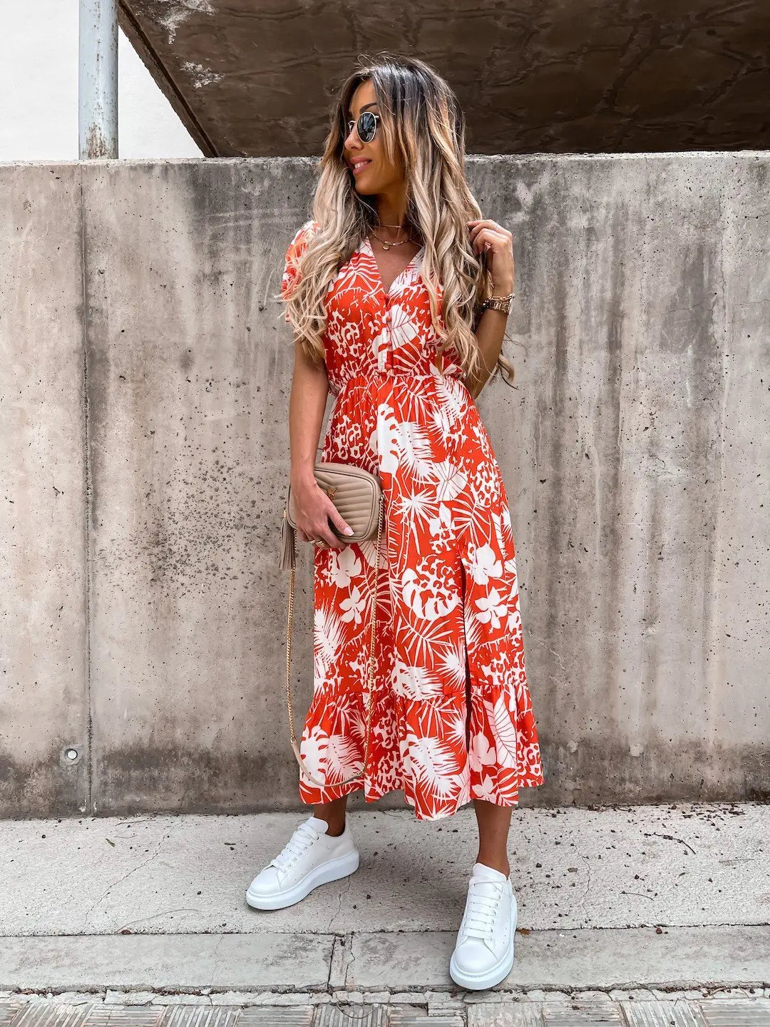 Summer Floral Print Dress Women V Neck Side Slit Long Dress Elegant Short Sleeve Button Slim Spring Female Party Dress Vestidos