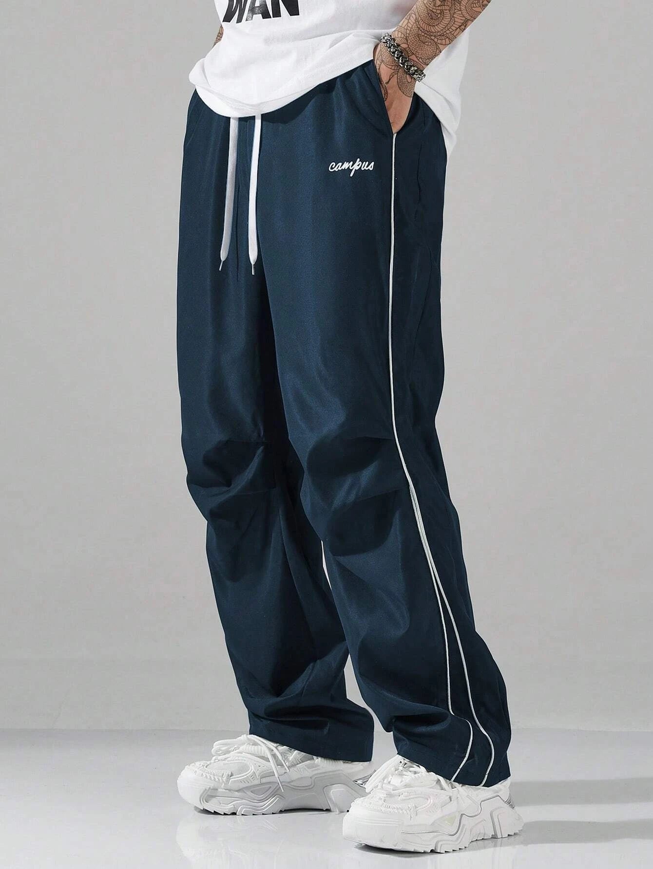 Larbulse Men Contrast Trim Trouser Fashion Casual Pants Solid Color Breathable Loose Straight Drawstring Pants Streetwear