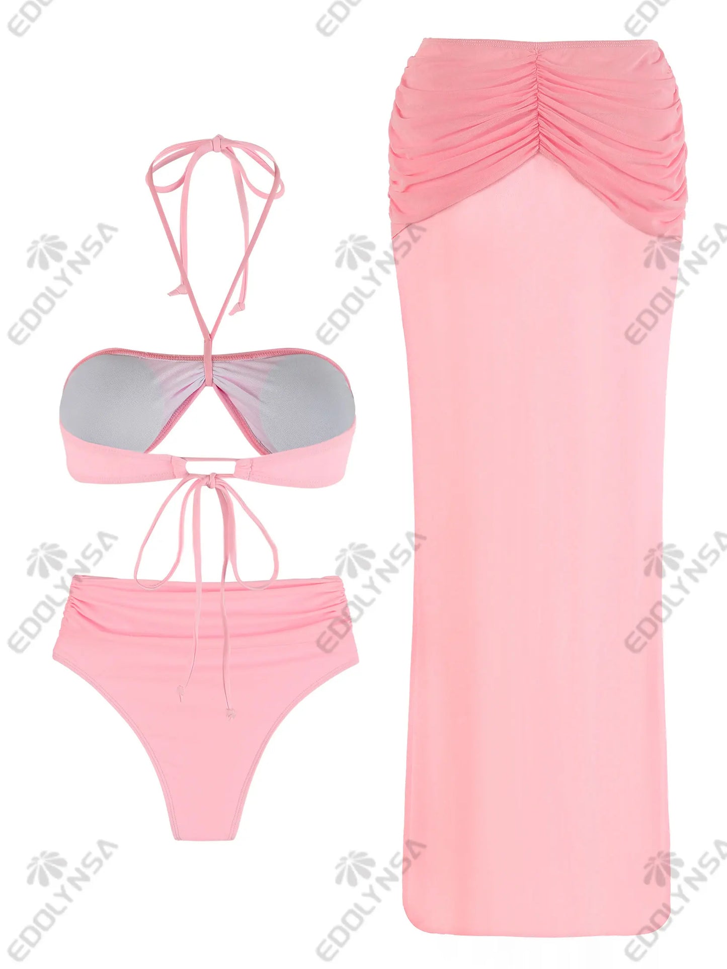 3 Piece Bikini Set 2025 Sexy Pink Swimwear Halter Bathing Suit with Sheer Skirt Beachwear Female Vacation Dresses Swimsuit K193