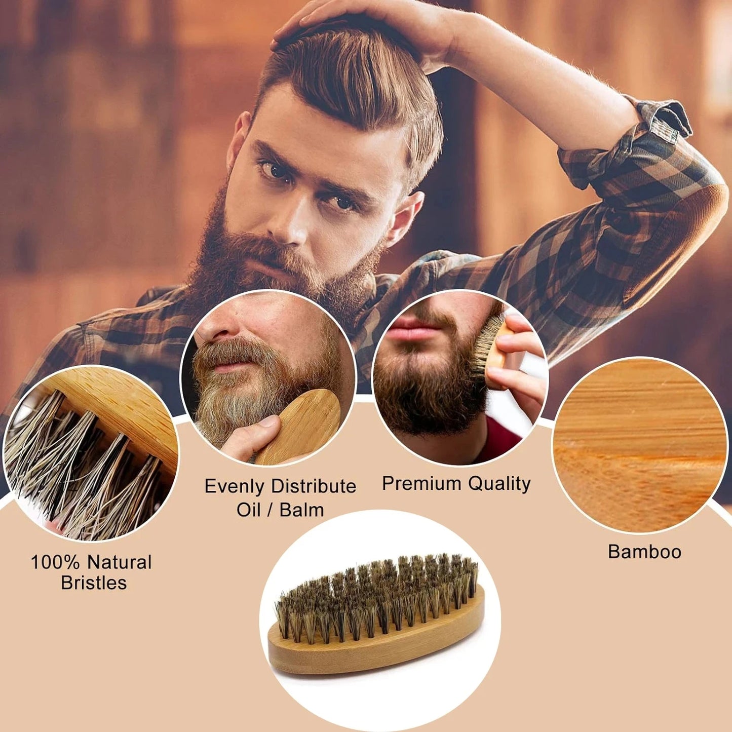 Men Shaving Bamboo Brush Comb Set Boar Bristle Portable Barber Beard Brush Comb Scissors for Facial Cleaning Styling Tool