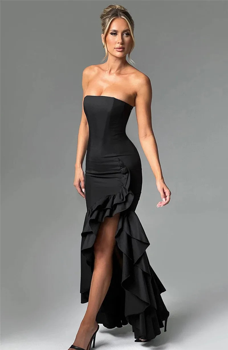 Mozision Strapless High Split Ruffle Long Dress For Women Fashion Off-shoulder Backless Sleeveless Bodycon Club Party Sexy Dress
