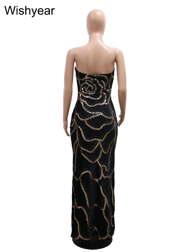 New Luxury Elegant Wedding Evening Guests Sequined Strapless Green Long Dress Women Sexy Sleeveless Birthday Party Prom Clubwear