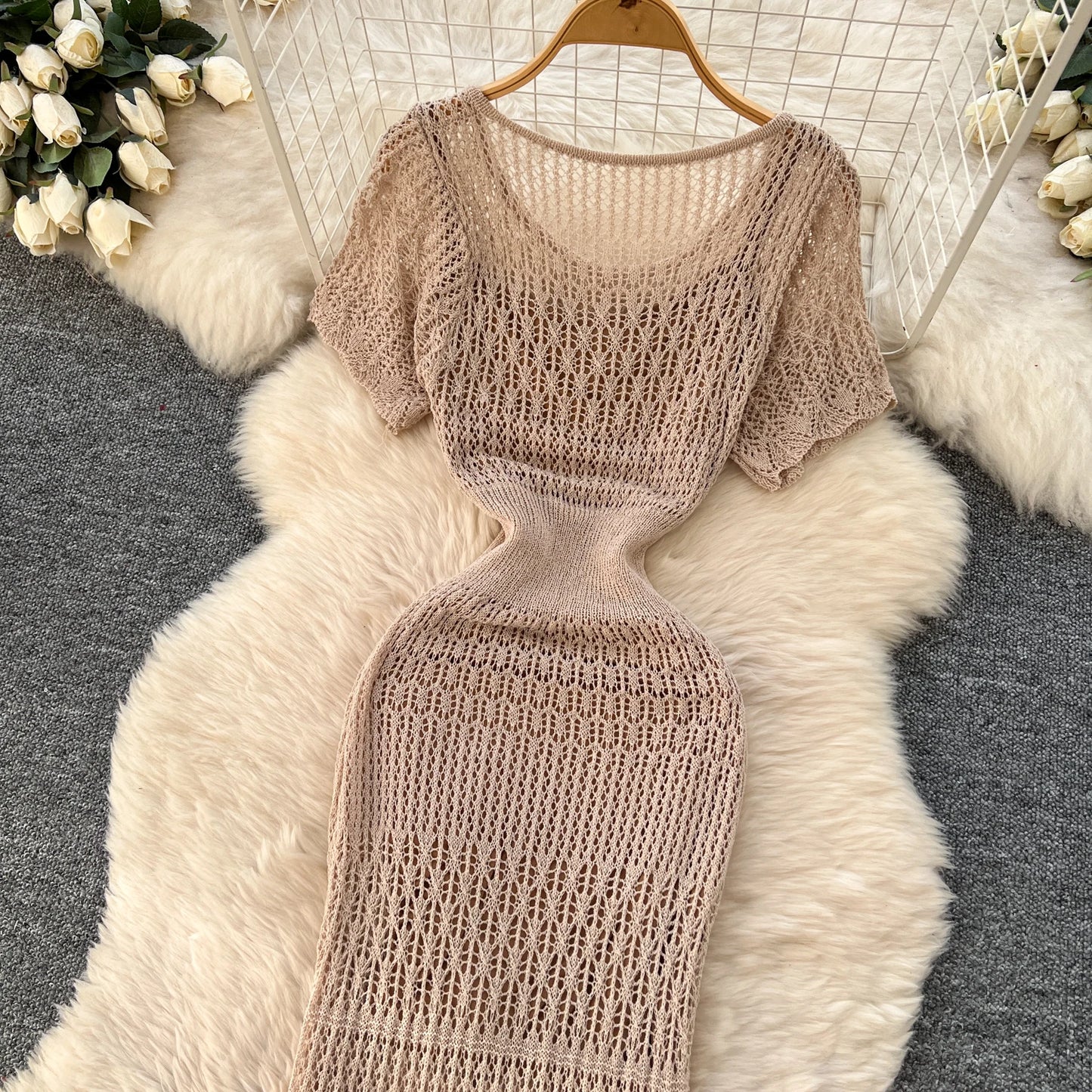 SINGREINY Vacation Style Casual Dress Suits Solid Strap Short Sundress+Knitting Hollow Out Long Dress Korean Women Beach Sets